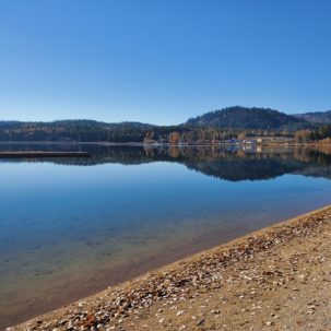 view of the water at waitts lake in the summer